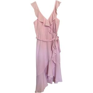 JustFab Asymmetrical Ruffle Wrap Dress Spring Summer Pink Lilac Snow Size L NEW